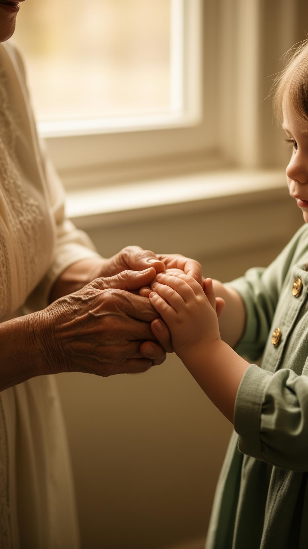 A grandparent gently holding a young child's hands