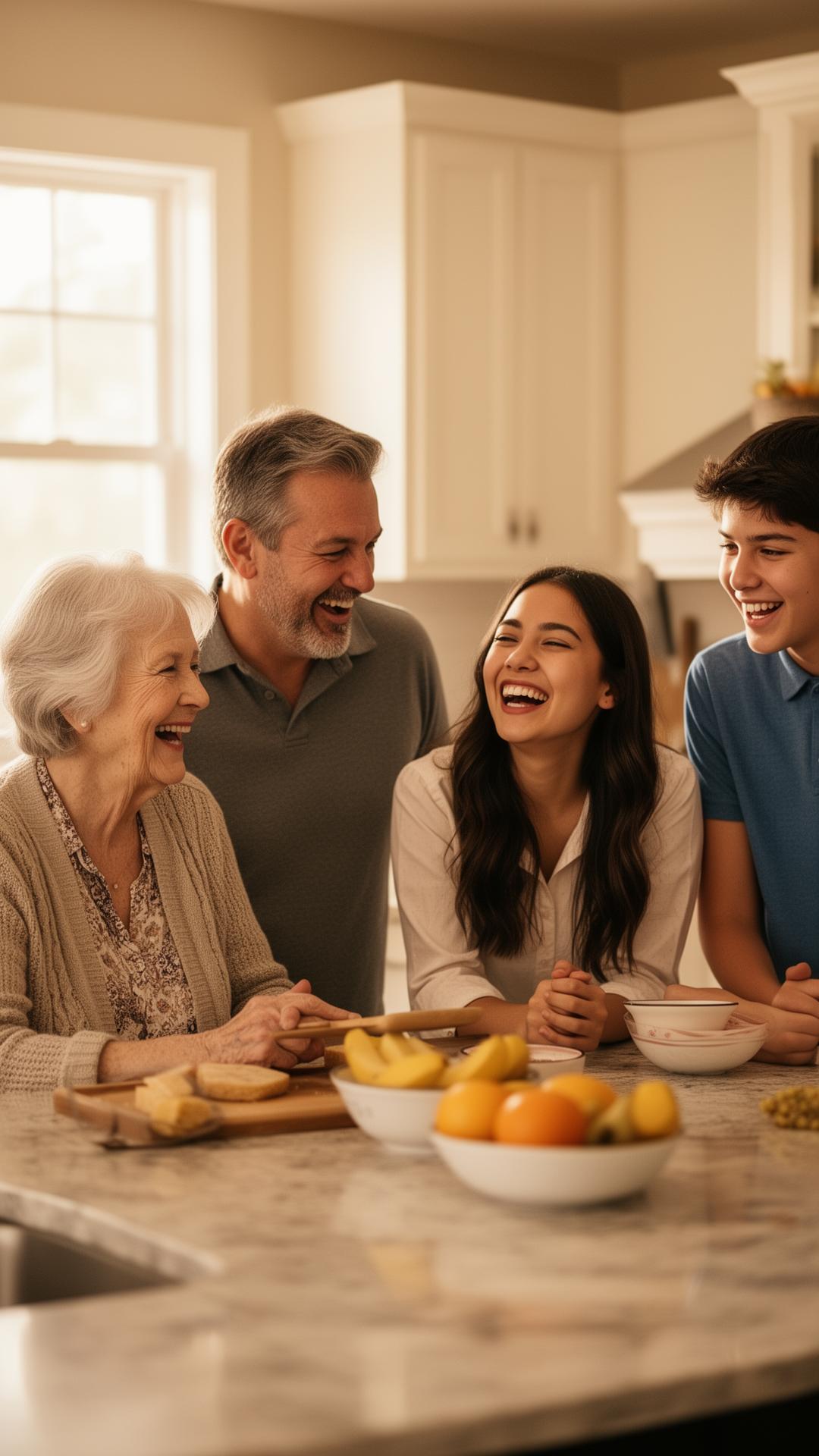 Three generations of a family laughing together in a kitchen